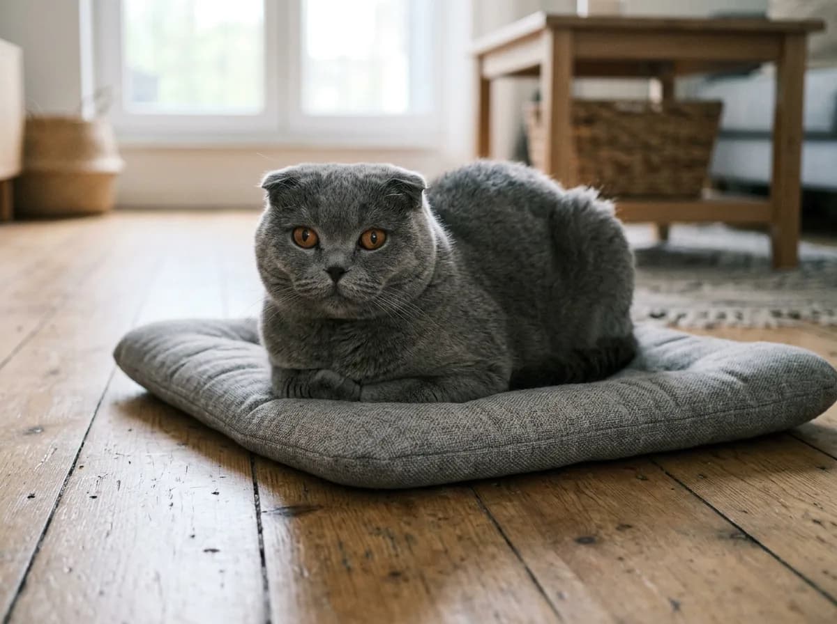 Blue-gray Scottish Fold cat resting on a low padded cat bed on the floor, staying comfortably at ground level