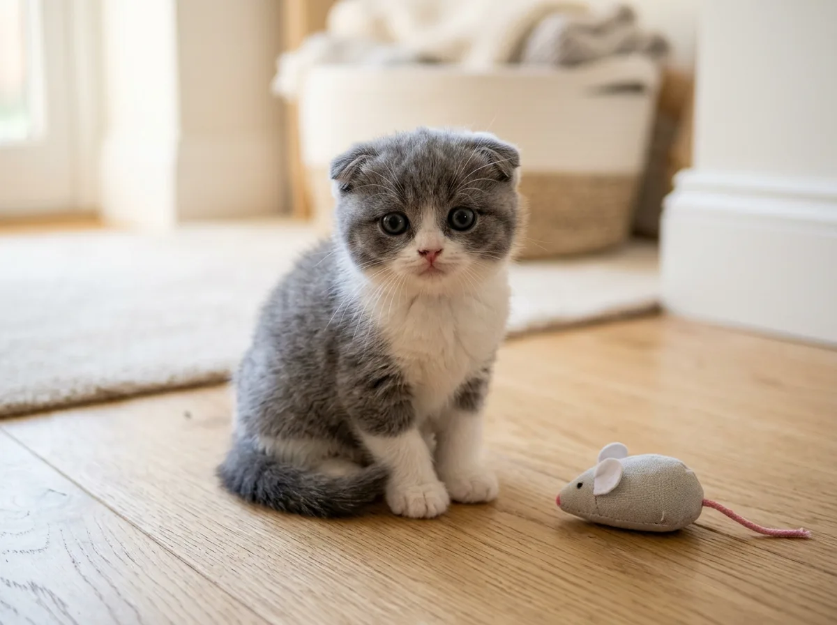 Young blue-gray and white Scottish Fold kitten with just-folded ears sitting beside a toy mouse on a clean floor