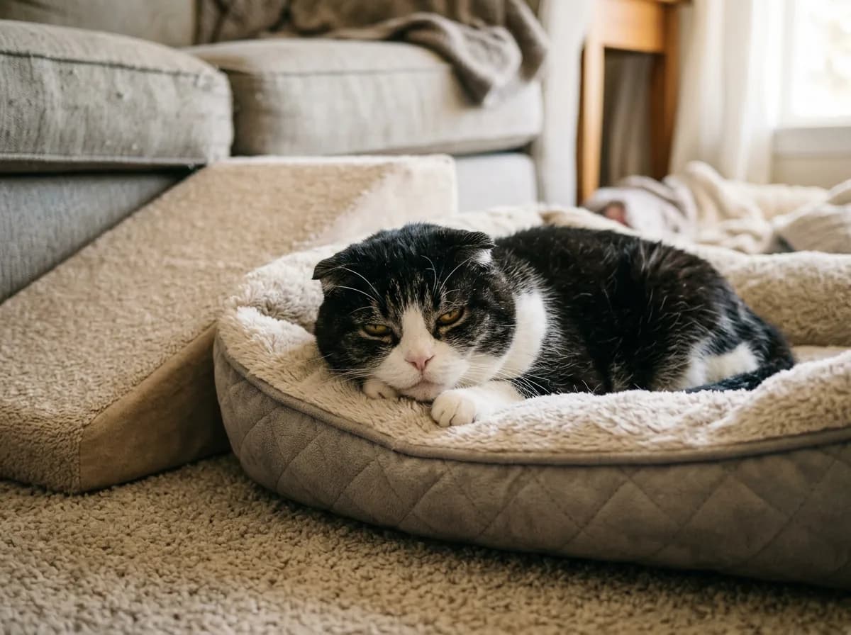 Senior black and white Scottish Fold cat resting on a padded pet bed beside a low carpeted pet ramp