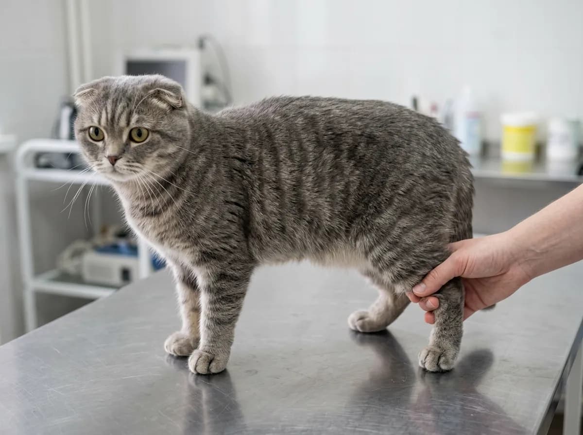 Hand gently checking the hind leg of a gray tabby Scottish Fold cat standing on a stainless steel vet exam table