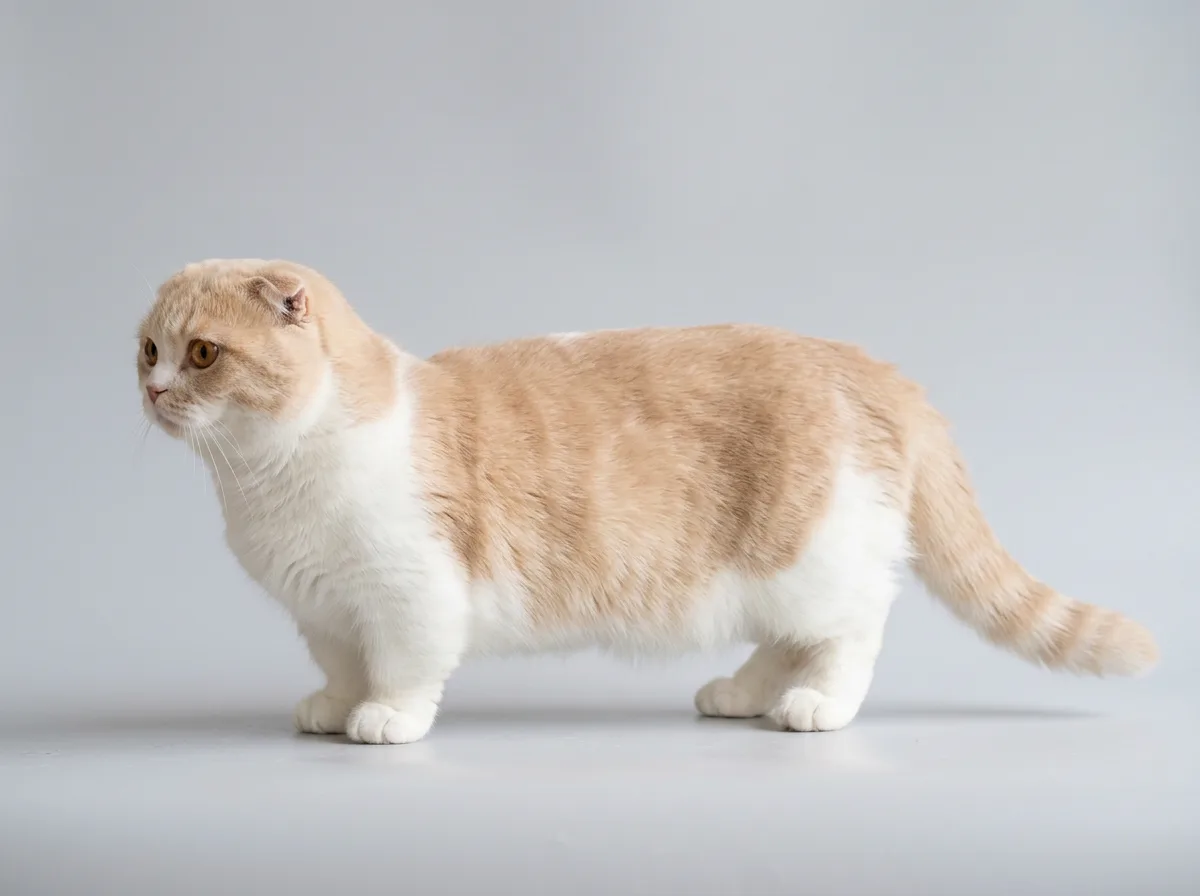 Cream and white Scottish Fold Munchkin standing side-on, showing its long low body and short stubby legs