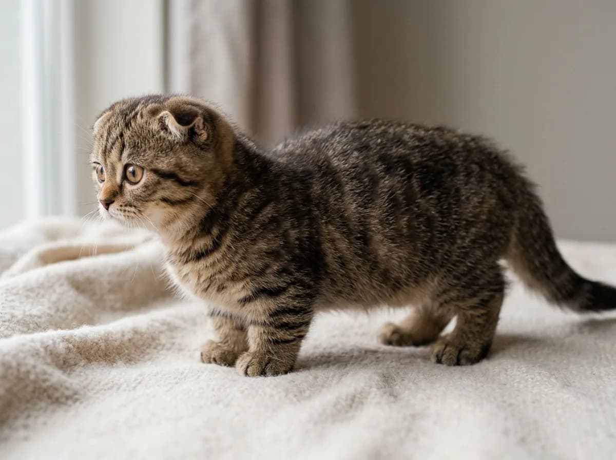 Brown tabby Scottish Fold Munchkin kitten standing in profile, showing both the short dwarf legs and the folded ears