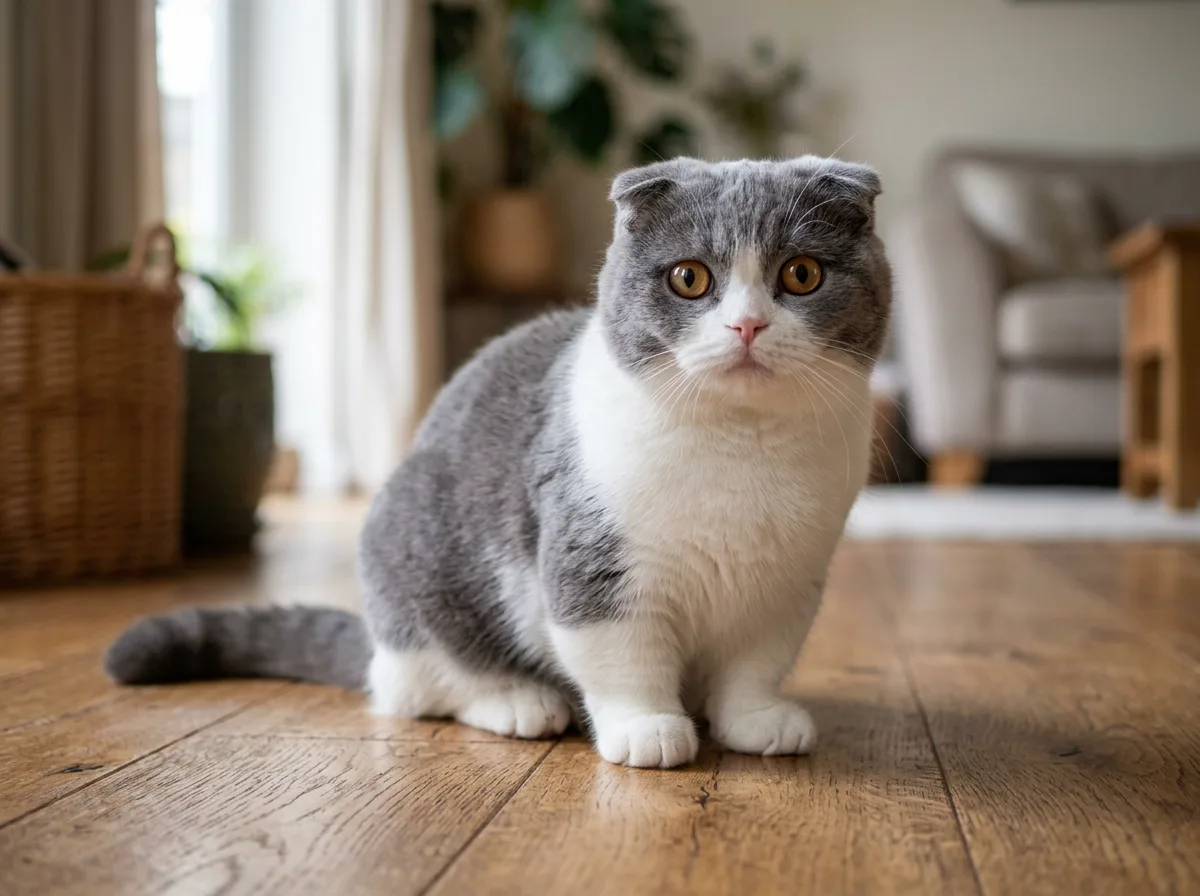 Short-legged gray and white Scottish Fold Munchkin cat with folded ears and large round eyes sitting on a wooden floor