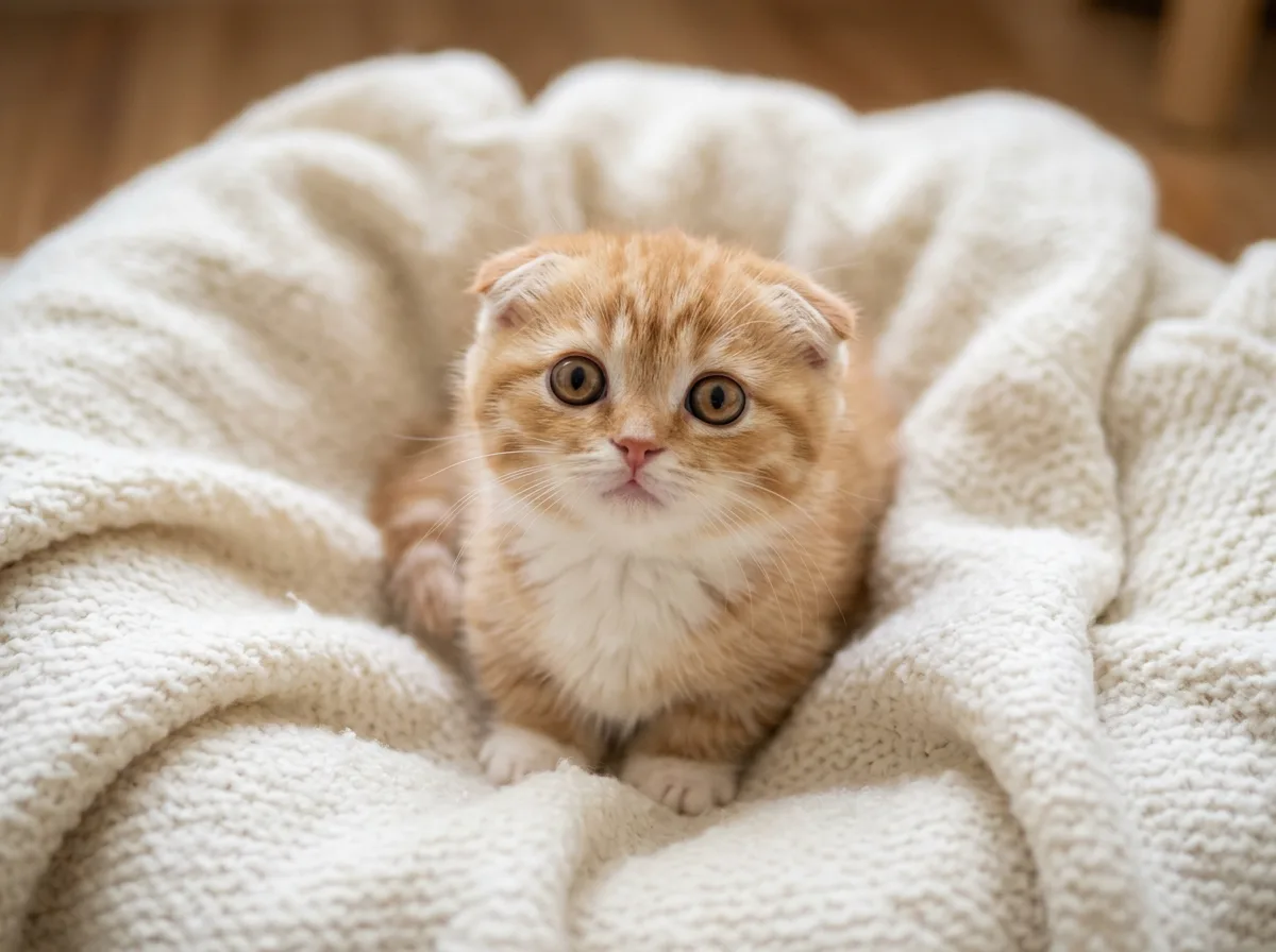 Tiny ginger and white Scottish Fold Munchkin kitten sitting in a nest of soft blankets, looking up with large round eyes