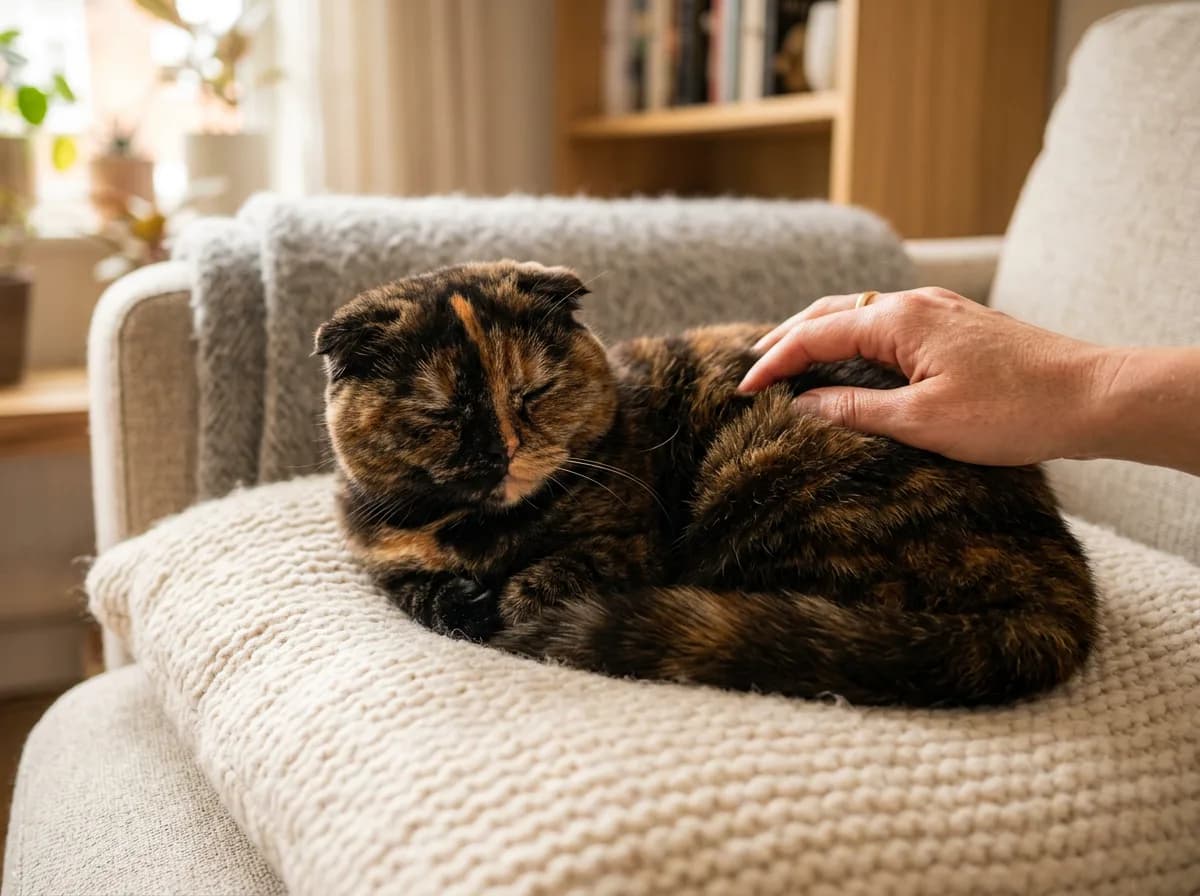 Tortoiseshell Scottish Fold Munchkin cat curled on a cream sofa cushion while a hand gently strokes its back