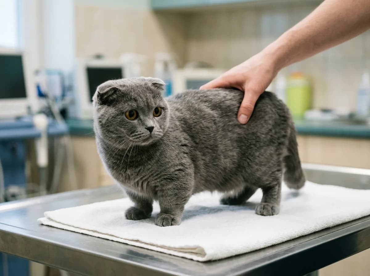 Hand resting on the back of a short-legged gray Scottish Fold Munchkin standing on a towel on a vet exam table
