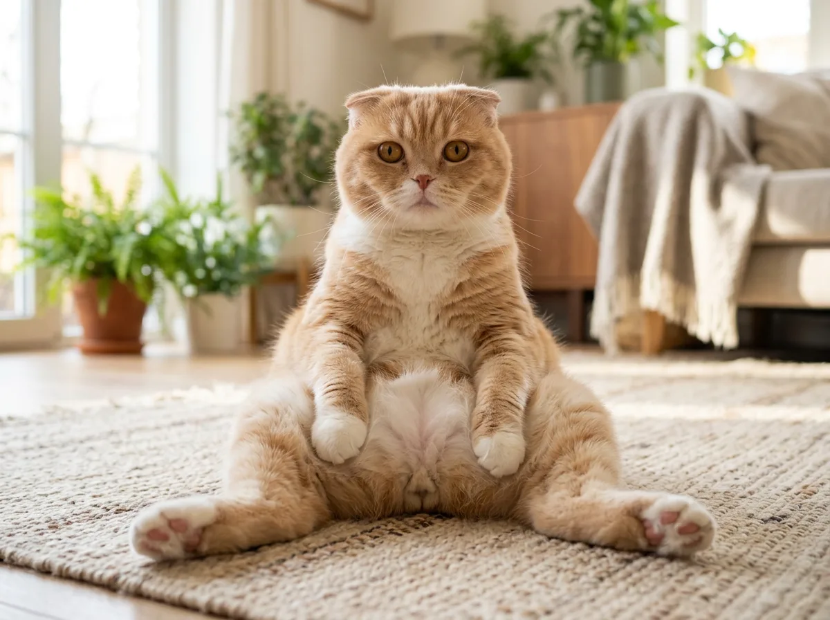 Ginger and white Scottish Fold cat sitting upright in the Buddha sit pose with hind legs splayed and paws on its belly