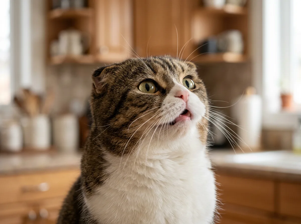 Close-up of a brown tabby and white Scottish Fold cat mid-chirp with its mouth slightly open and ears folded