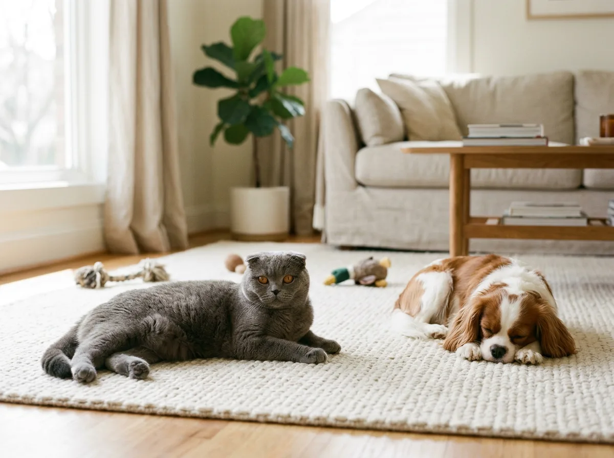 Gray Scottish Fold cat relaxing on a rug near a sleeping Cavalier King Charles Spaniel in a bright living room