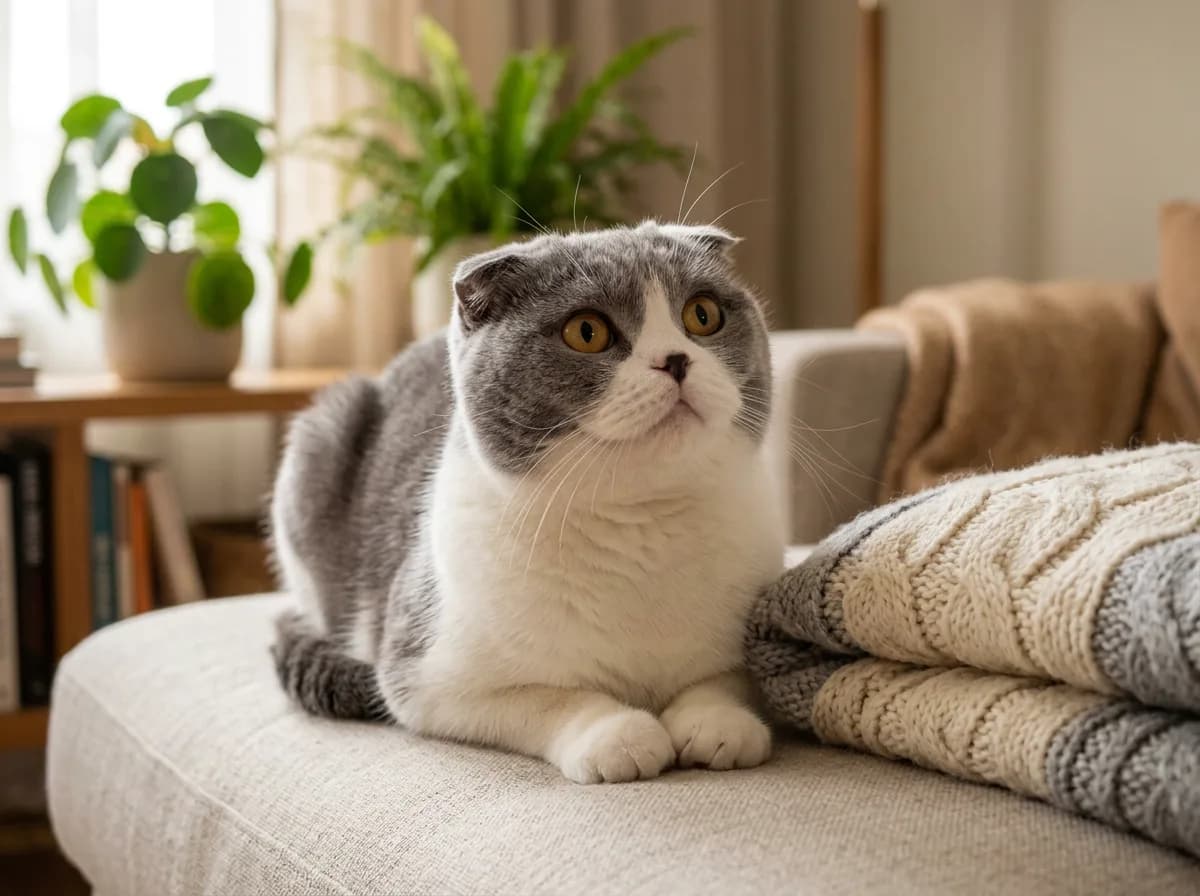 Blue-gray and white Scottish Fold cat with folded ears resting on a sofa, looking up with a soft affectionate expression