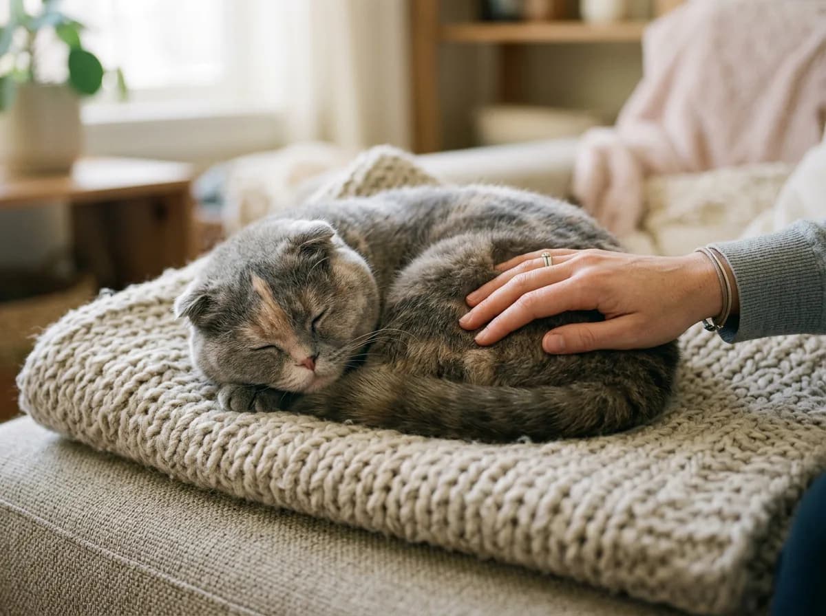 Dilute tortoiseshell Scottish Fold cat curled asleep on a knit throw while a hand rests gently on its side