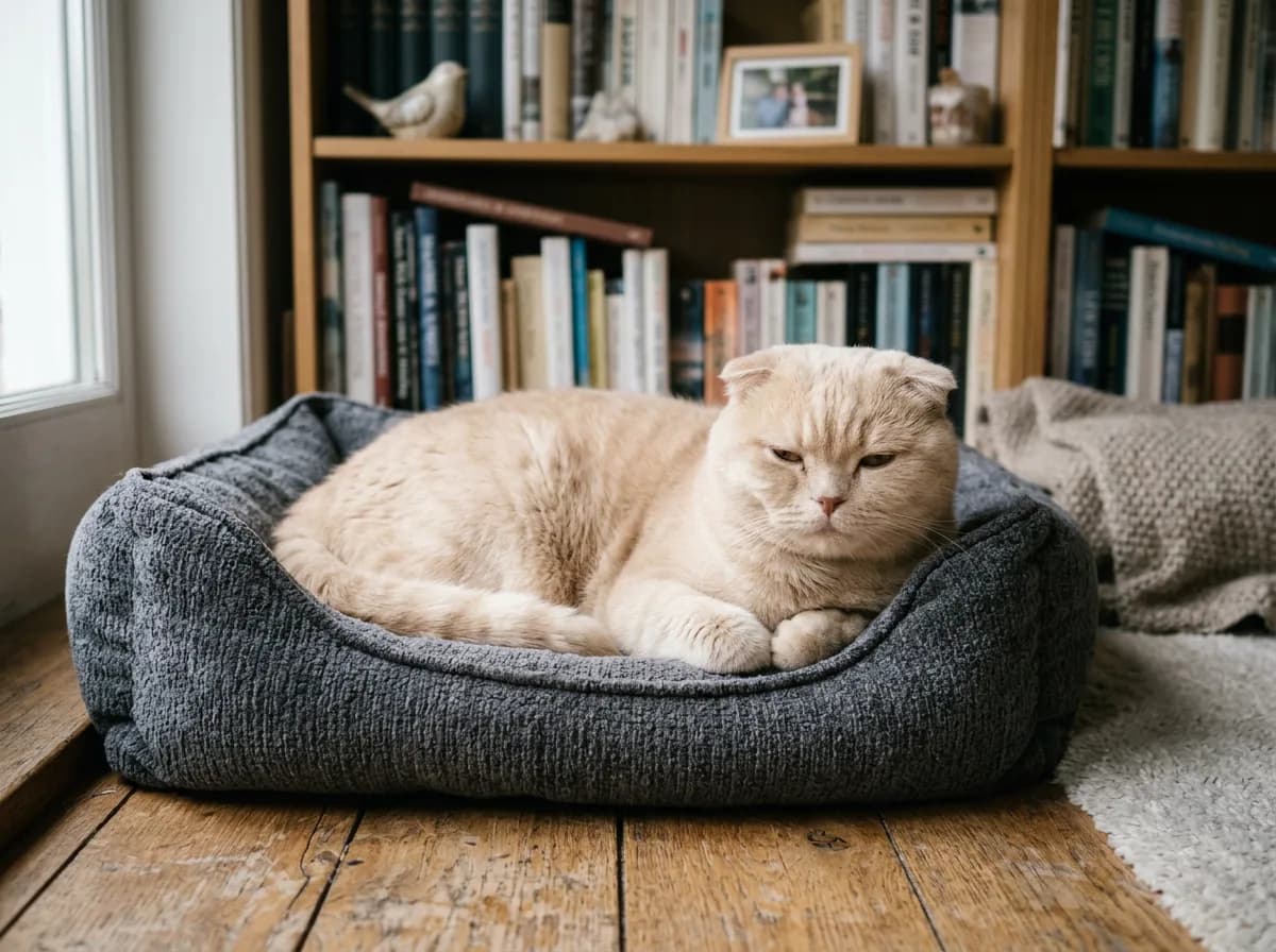 Cream Scottish Fold cat resting quietly on a padded pet bed with a calm, slightly subdued expression