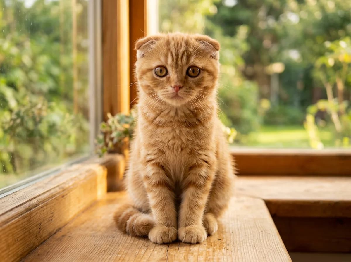 Ginger red tabby Scottish Fold kitten with tightly folded ears and large round amber eyes sitting on a sunlit wooden window seat