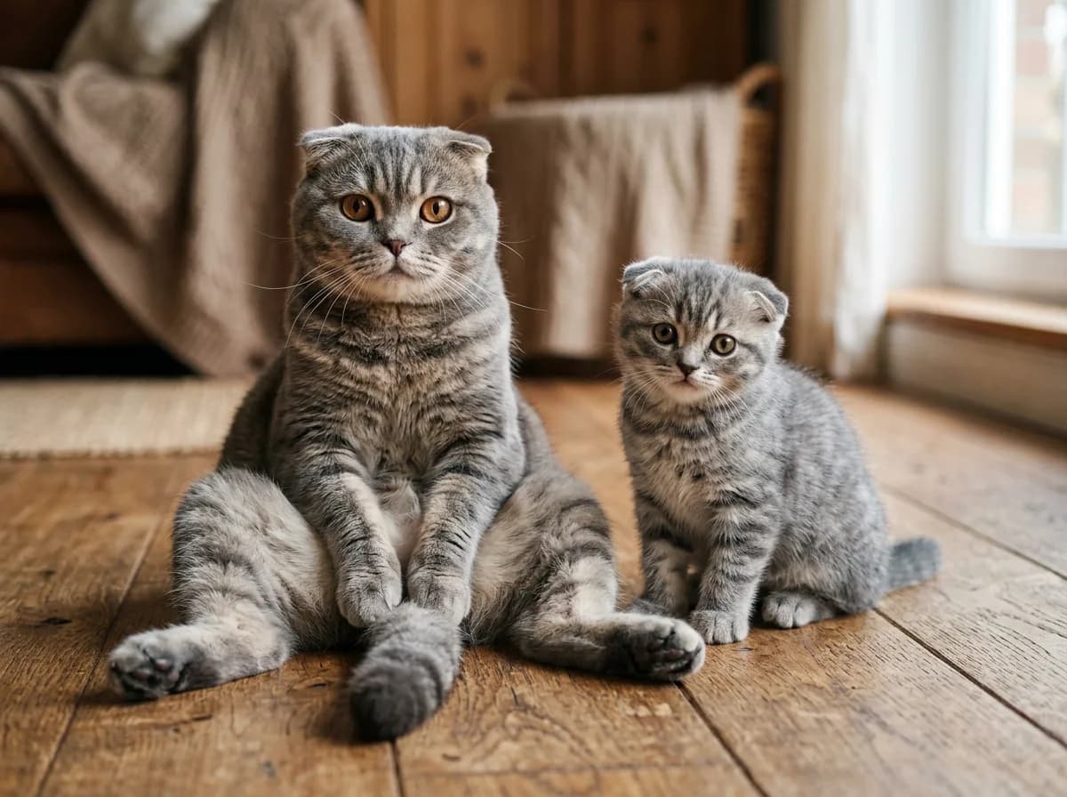 Adult silver tabby Scottish Fold sitting upright in the Buddha pose beside a folded-ear kitten on a wooden floor
