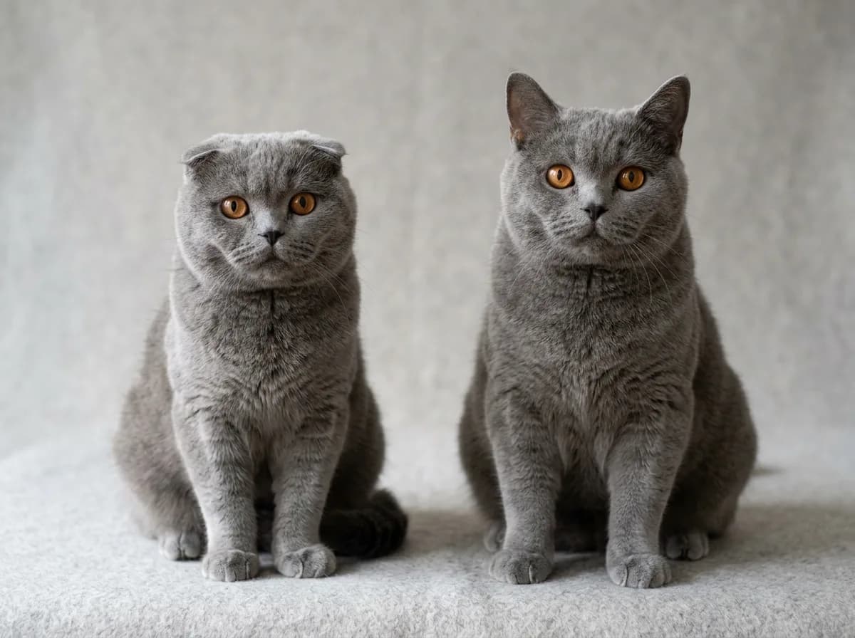 Folded-ear Scottish Fold sitting beside a straight-eared British Shorthair lookalike, both gray, on a neutral background
