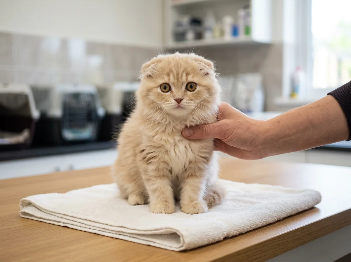 Fluffy cream Highland Fold kitten, the long-haired Scottish Fold variety, steadied by a hand on a breeder's towel
