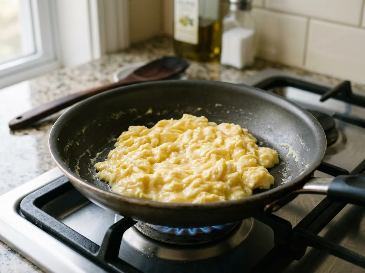 Plain scrambled eggs cooked in a nonstick pan with no butter, salt, or seasoning for a dog