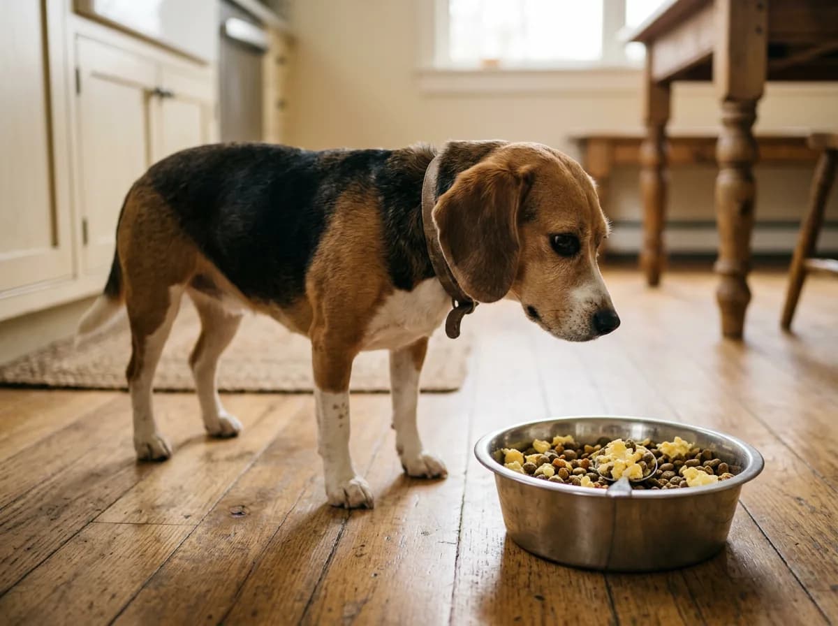 A beagle next to a bowl with a small portion of plain scrambled egg mixed into its food