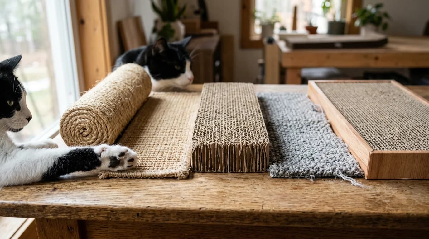 Cats beside woven fiber, corrugated cardboard and carpet surfaces on a table.