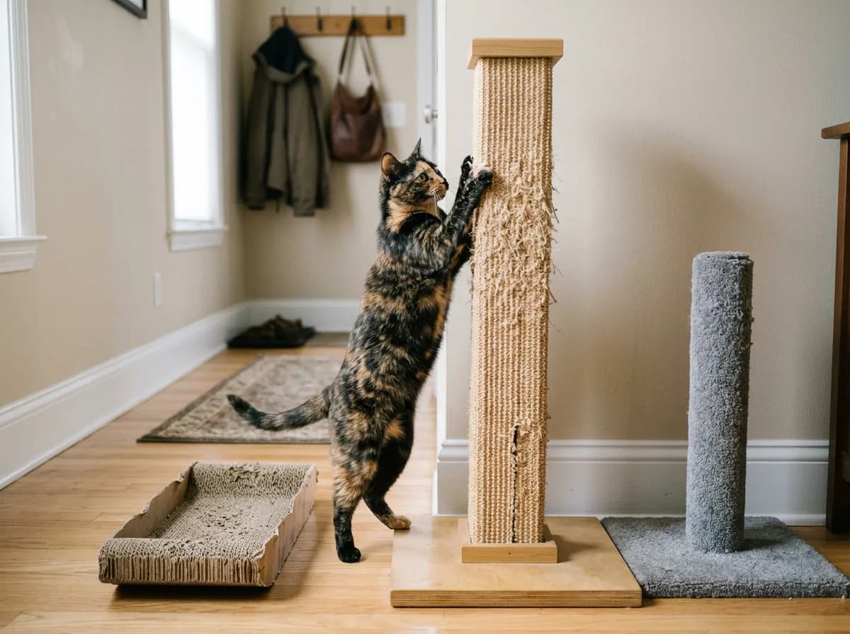 Cat reaching up a worn woven-fiber post beside a cardboard pad and carpet-covered post.