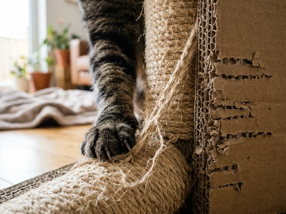 Close view of frayed rope and damaged corrugated cardboard beside a cat's paw.