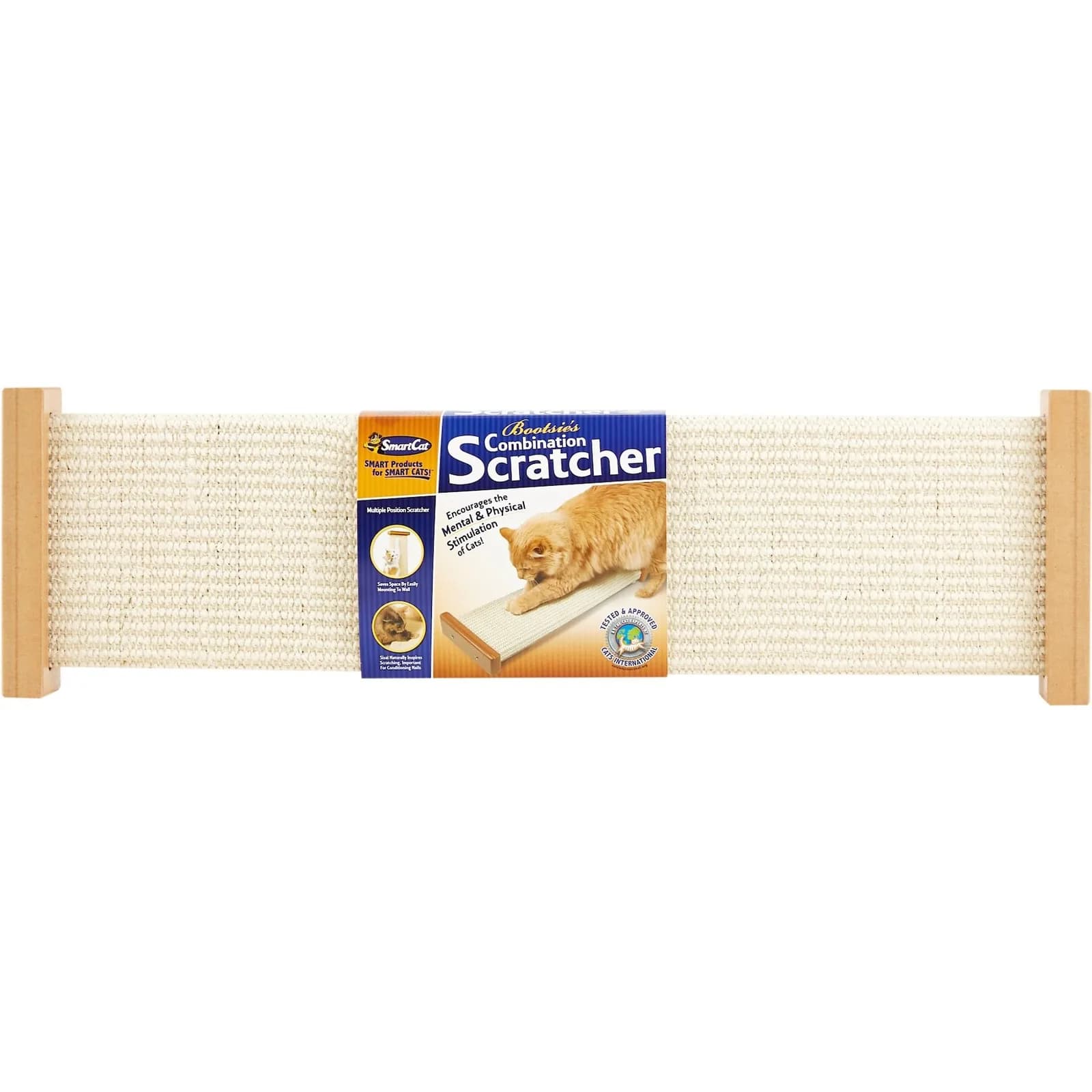 SmartCat Bootsie's woven-sisal board with packaging showing floor and wall use.