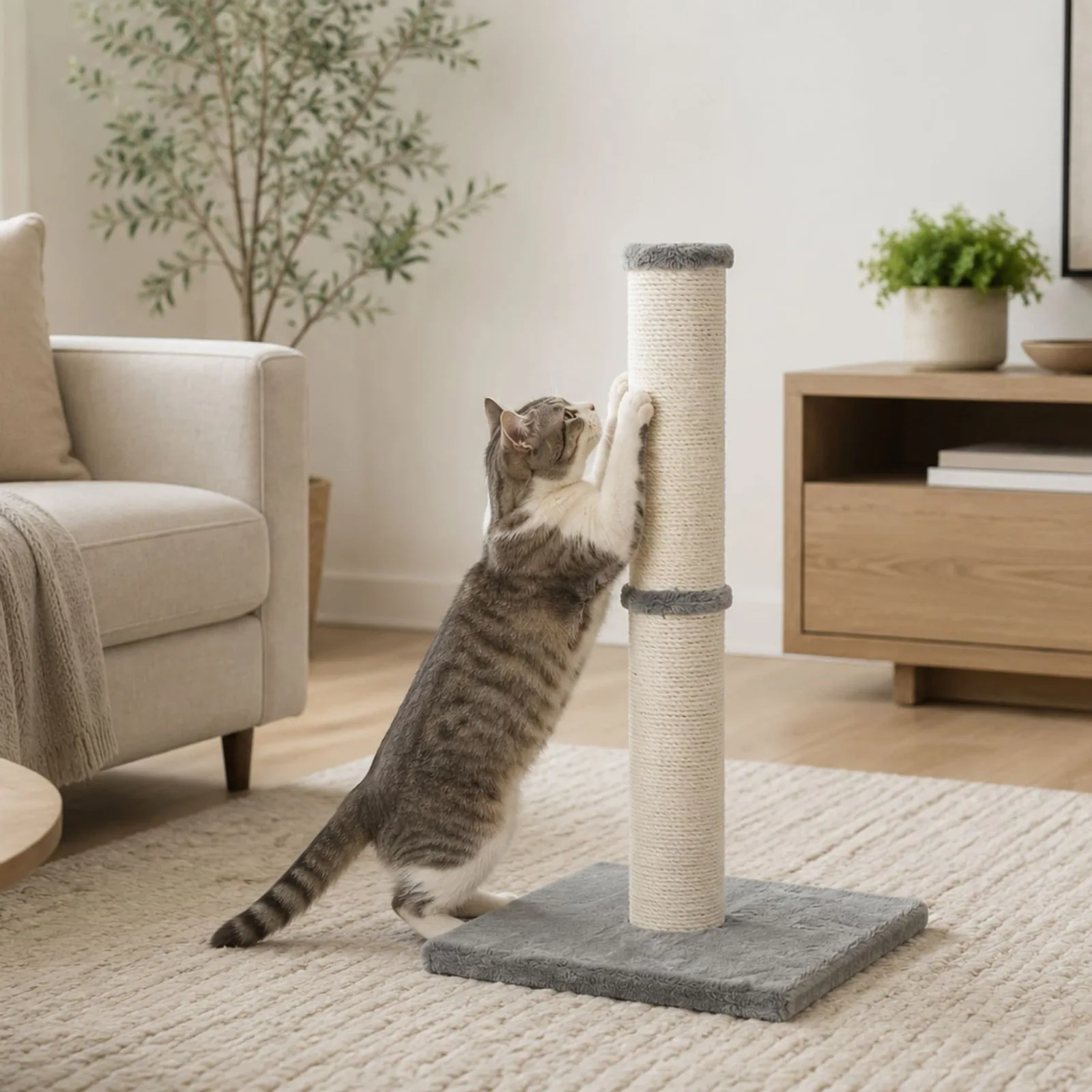 Cat reaching up a platinum-gray TRIXIE Parla jute-wrapped post.