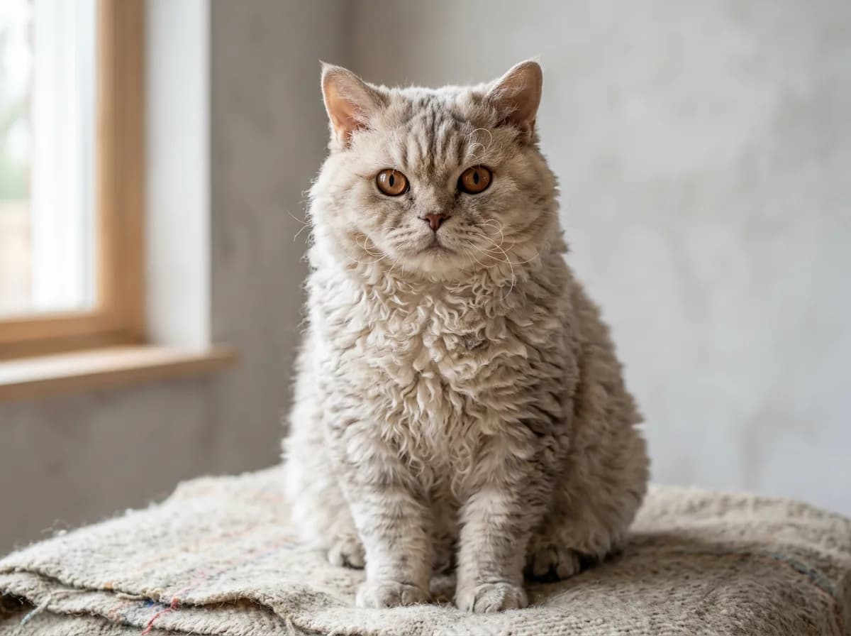 Selkirk Rex cat sitting upright showing its dense plush curly coat and curled whiskers, the woolly teddy bear look the breed is known for