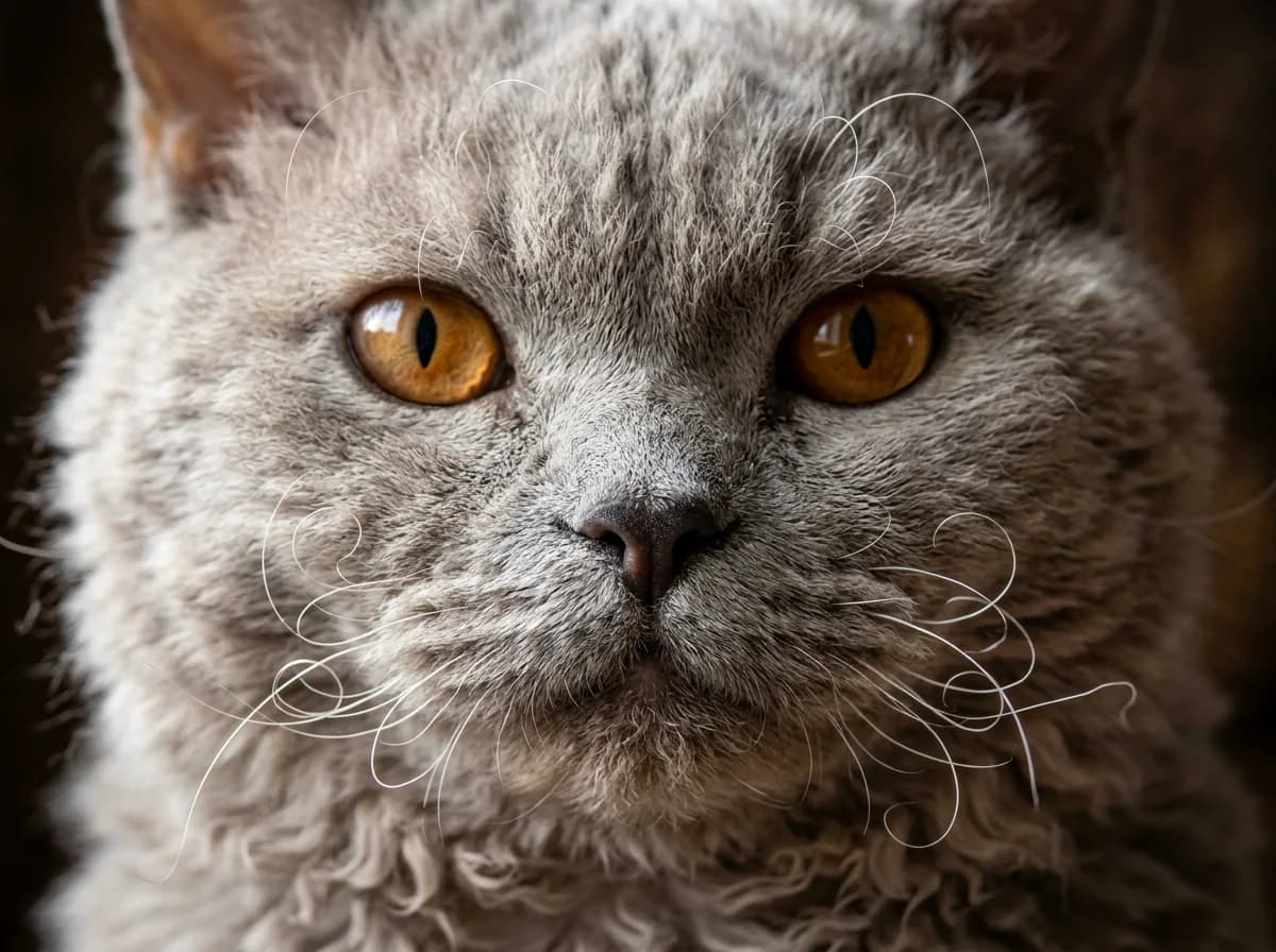 Close-up of a Selkirk Rex cat's face showing the breed's signature curled and crimped whiskers and wavy fur around the cheeks