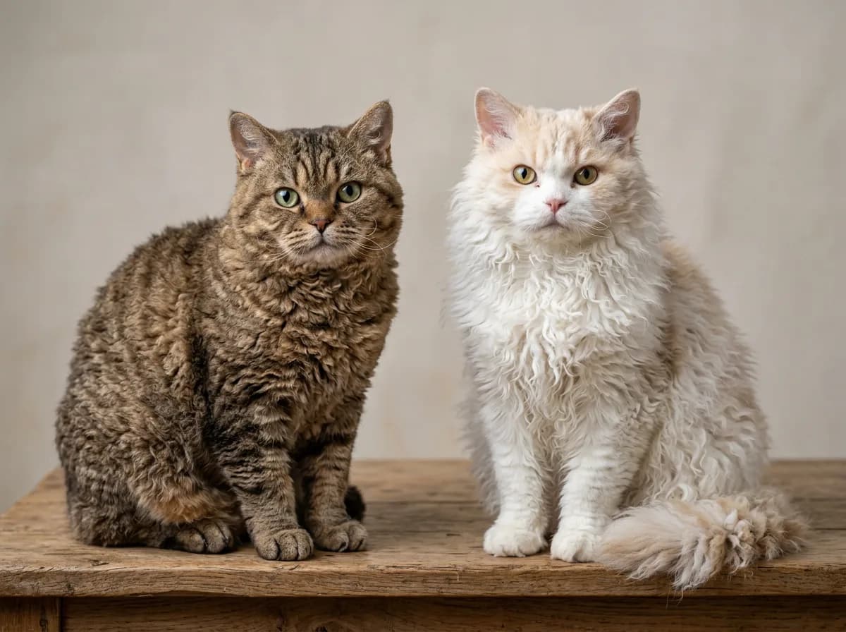 Two Selkirk Rex cats side by side, one shorthaired with tight plush curls and one longhaired with loose ringlet curls, showing the breed's coat-length varieties