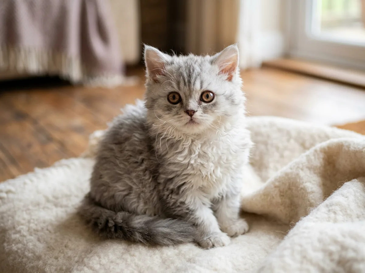 A young Selkirk Rex kitten with soft early curls and curled whiskers, showing how the breed's curly coat appears from birth