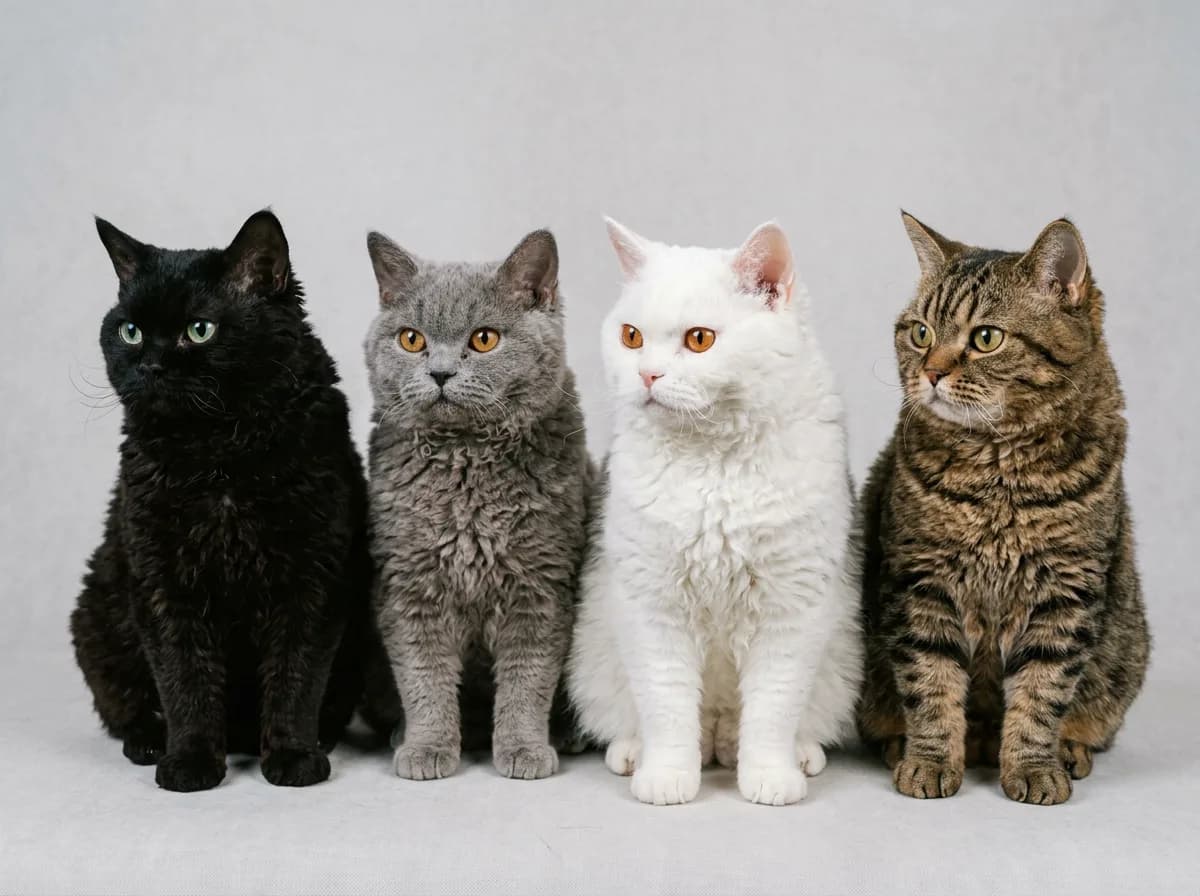Four Selkirk Rex cats of different colors including black, blue-gray, white, and tabby, all showing the breed's curly coat