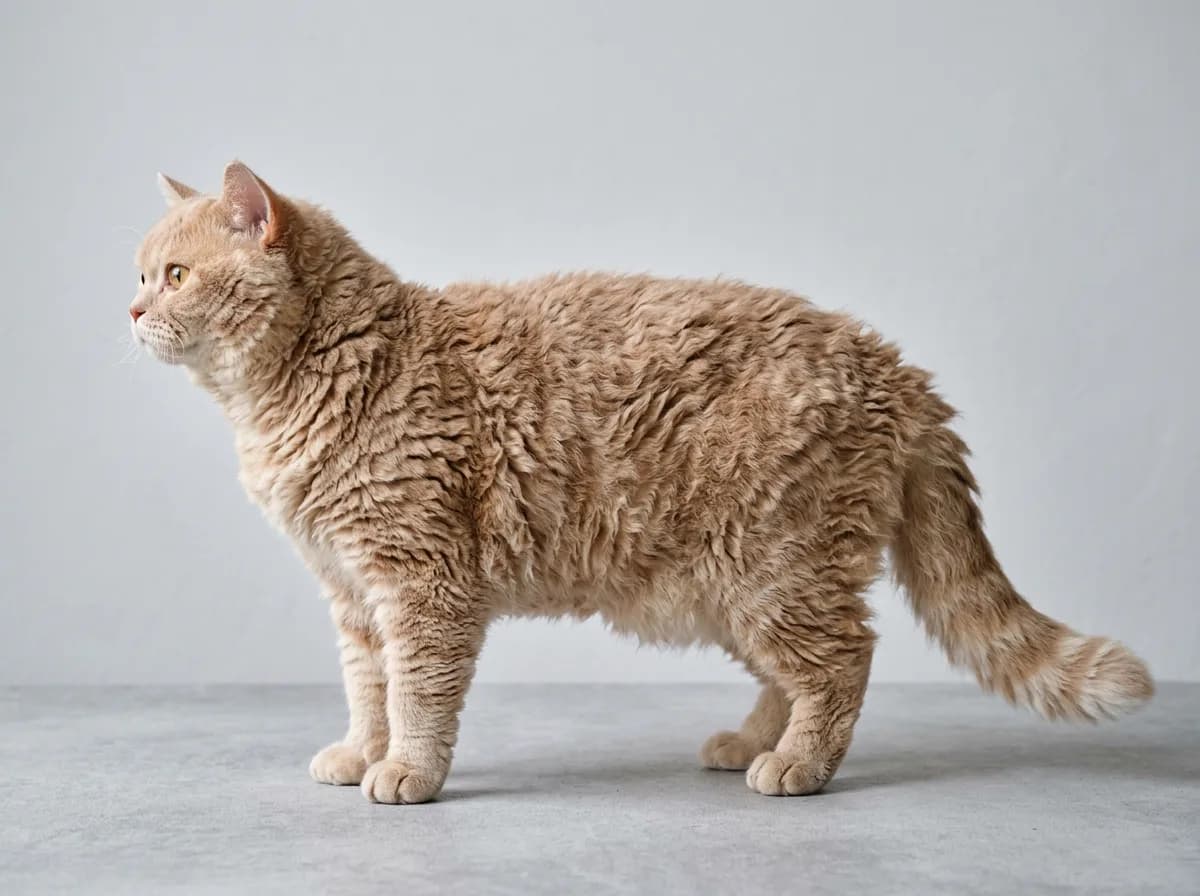 Full-body side profile of a Selkirk Rex cat standing, showing its heavy stocky muscular build and curly coat