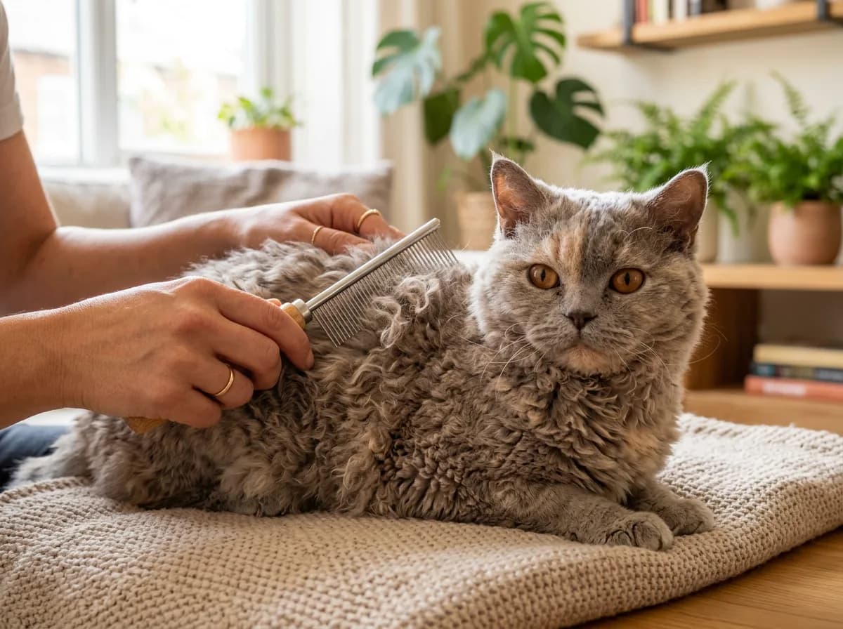A person gently brushing a Selkirk Rex cat's curly coat with a wide-tooth comb to prevent matting