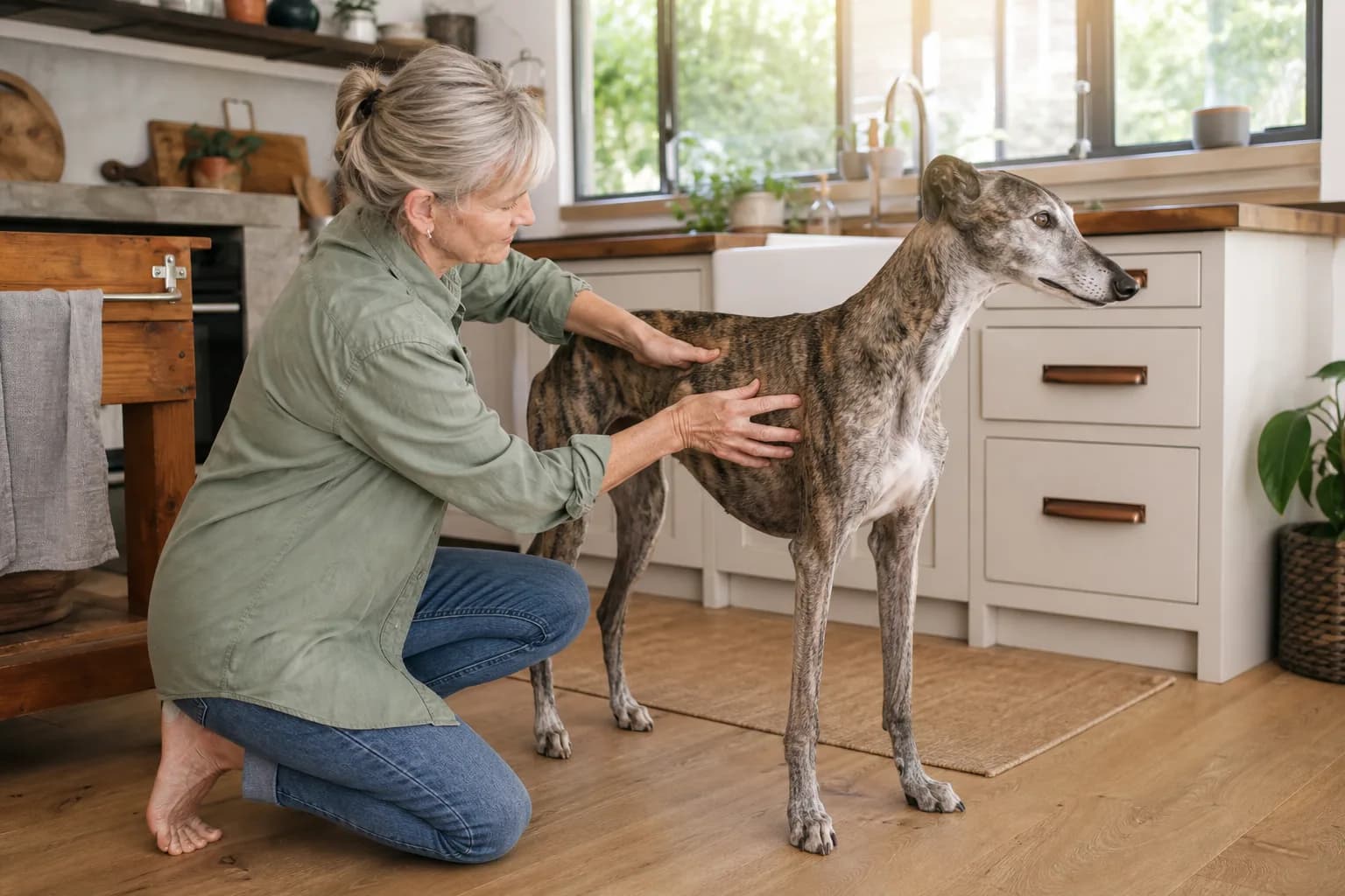 Senior dog relaxing at home while its owner reviews daily health observations