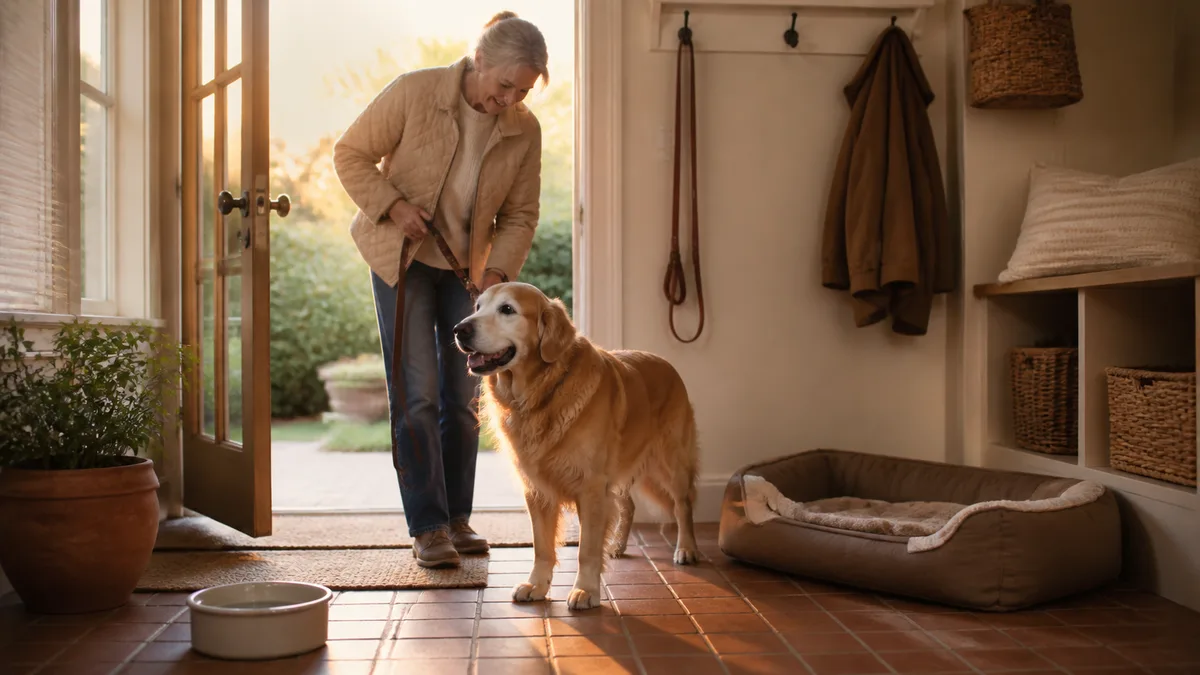 Older golden retriever beside a water bowl, leash, and bed before a gentle walk