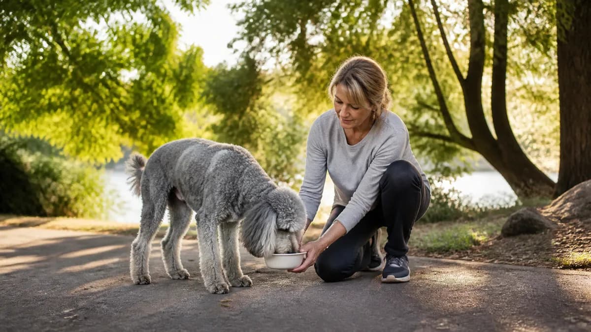 Senior poodle taking a water break with its owner during a gentle park walk