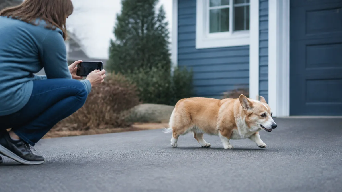 Owner recording a senior corgi's gait from the side on a flat driveway