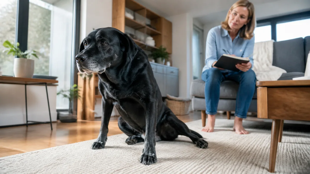 Senior black Labrador rising carefully while its owner records a mobility observation