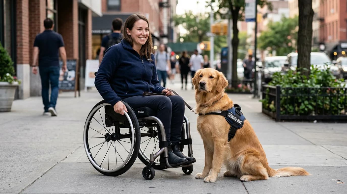 a golden retriever wearing a working service-dog harness sitting attentively beside a handler using a wheelchair on a city sidewalk