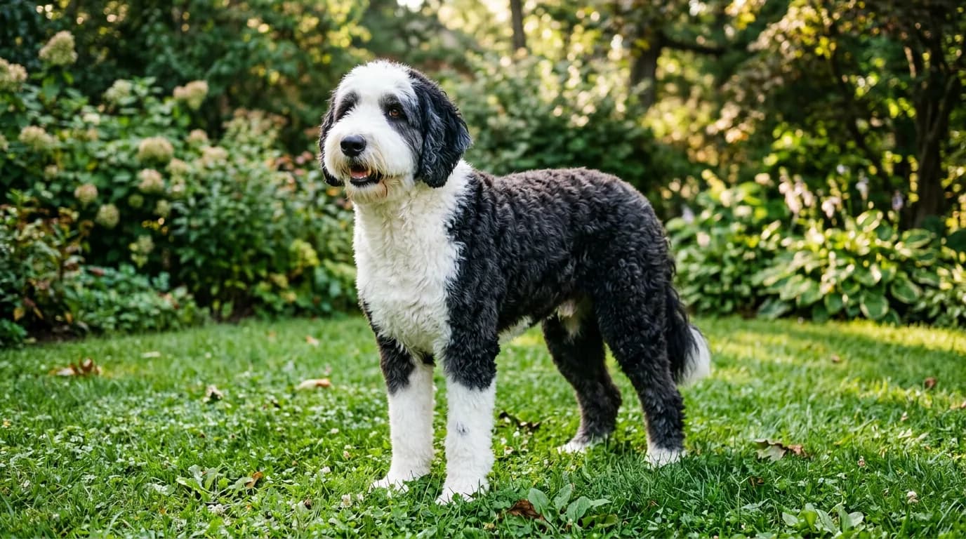 Black and white Sheepadoodle standing on a green lawn in a sunlit backyard garden