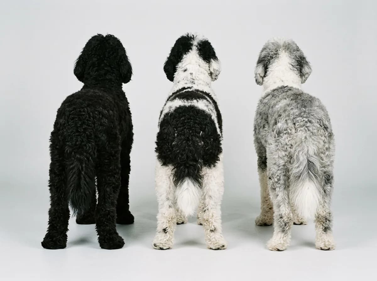 Three curly-coated Sheepadoodles seen from behind on a pale backdrop, showing black, black and white, and silver coats