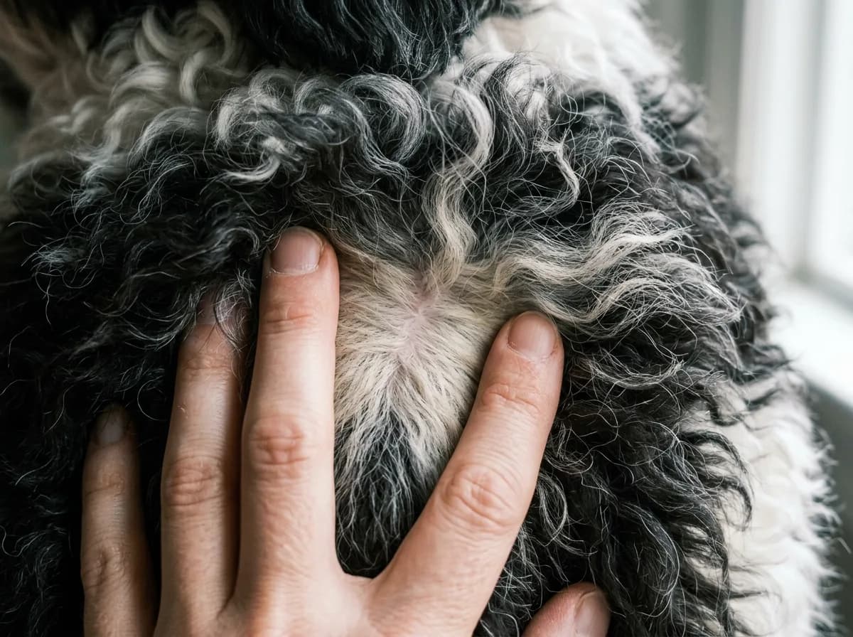 Human fingers parting the dense black and silver coat on an adult Sheepadoodle's shoulder