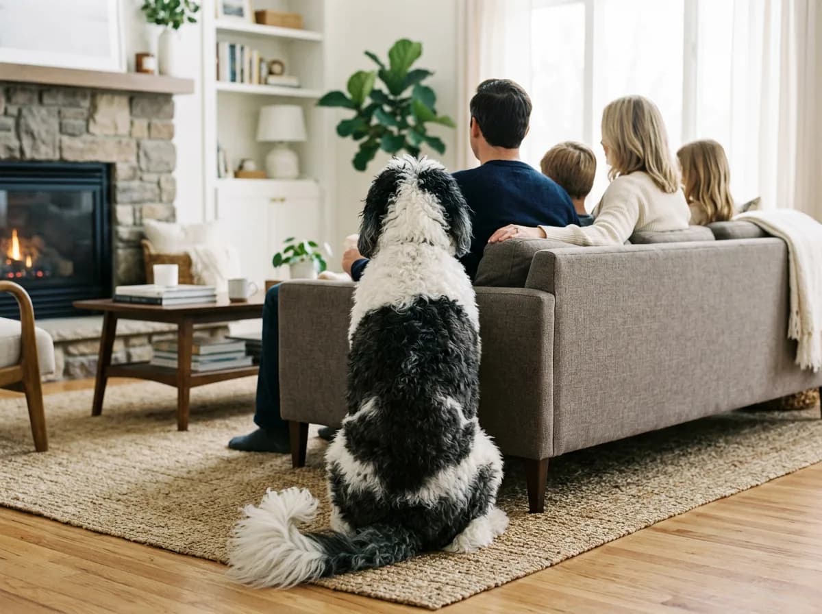 A black and white Sheepadoodle seen from behind, sitting in a living room with a family on the sofa