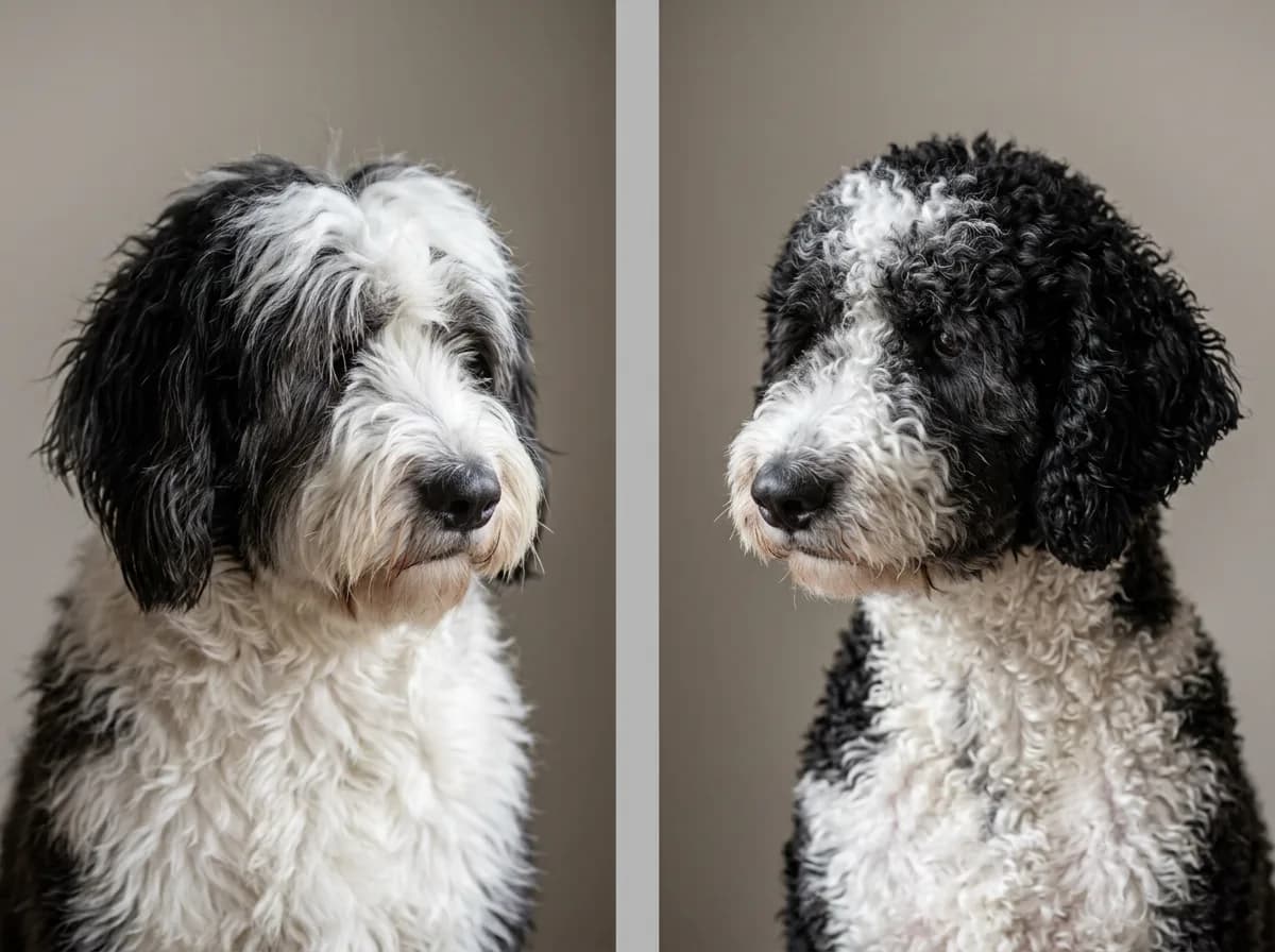 Paired portraits comparing a long shaggy coat against a tighter curly black and white coat