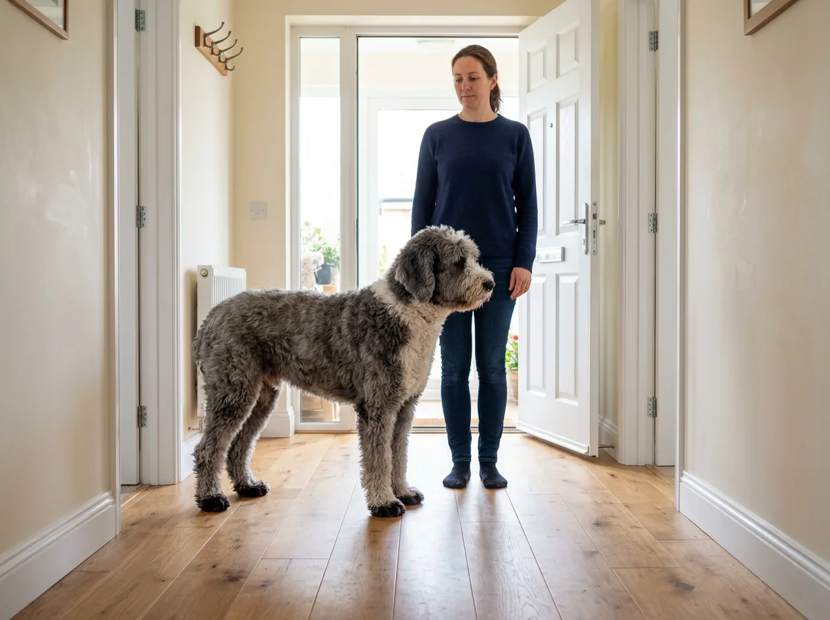 Grey and white Sheepadoodle standing beside a woman in a hallway doorway for scale