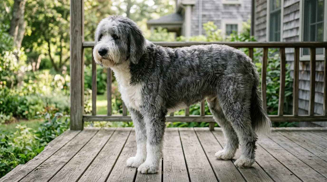 Large grey and white Sheepadoodle standing in profile on covered porch boards
