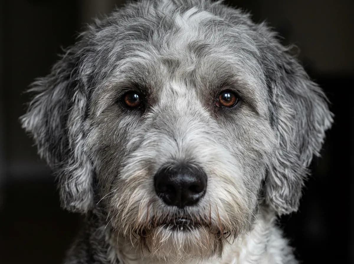 Grey and white Sheepadoodle face with hair trimmed short above both visible eyes