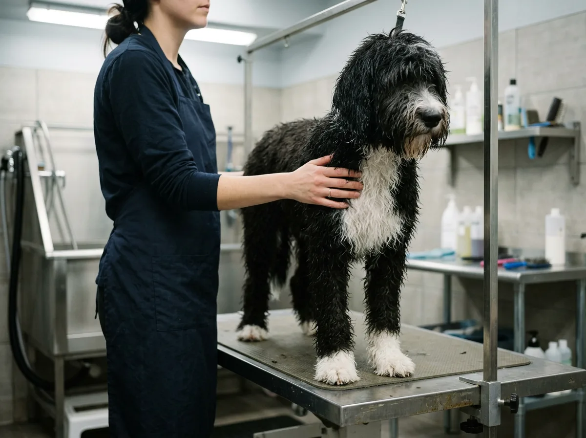 Black and white Sheepadoodle standing on a stainless grooming table while a groomer works