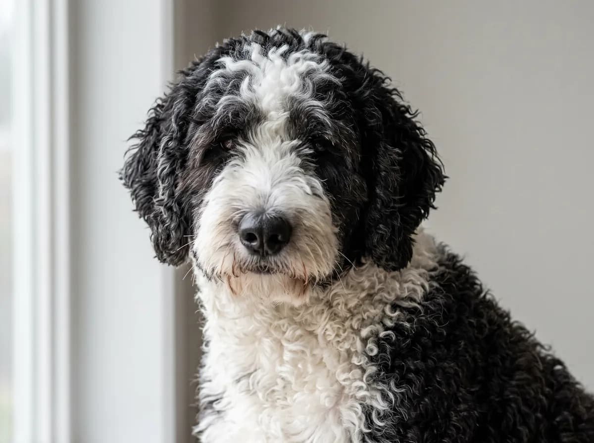 Close view of a black and white Sheepadoodle head showing tight curly coat texture